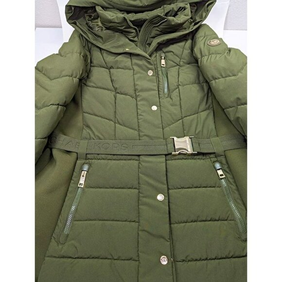 Michael Kors Women's Plus Size Belted Olive Hooded Puffer Coat Size 1X MSRP $350 - Picture 3 of 9